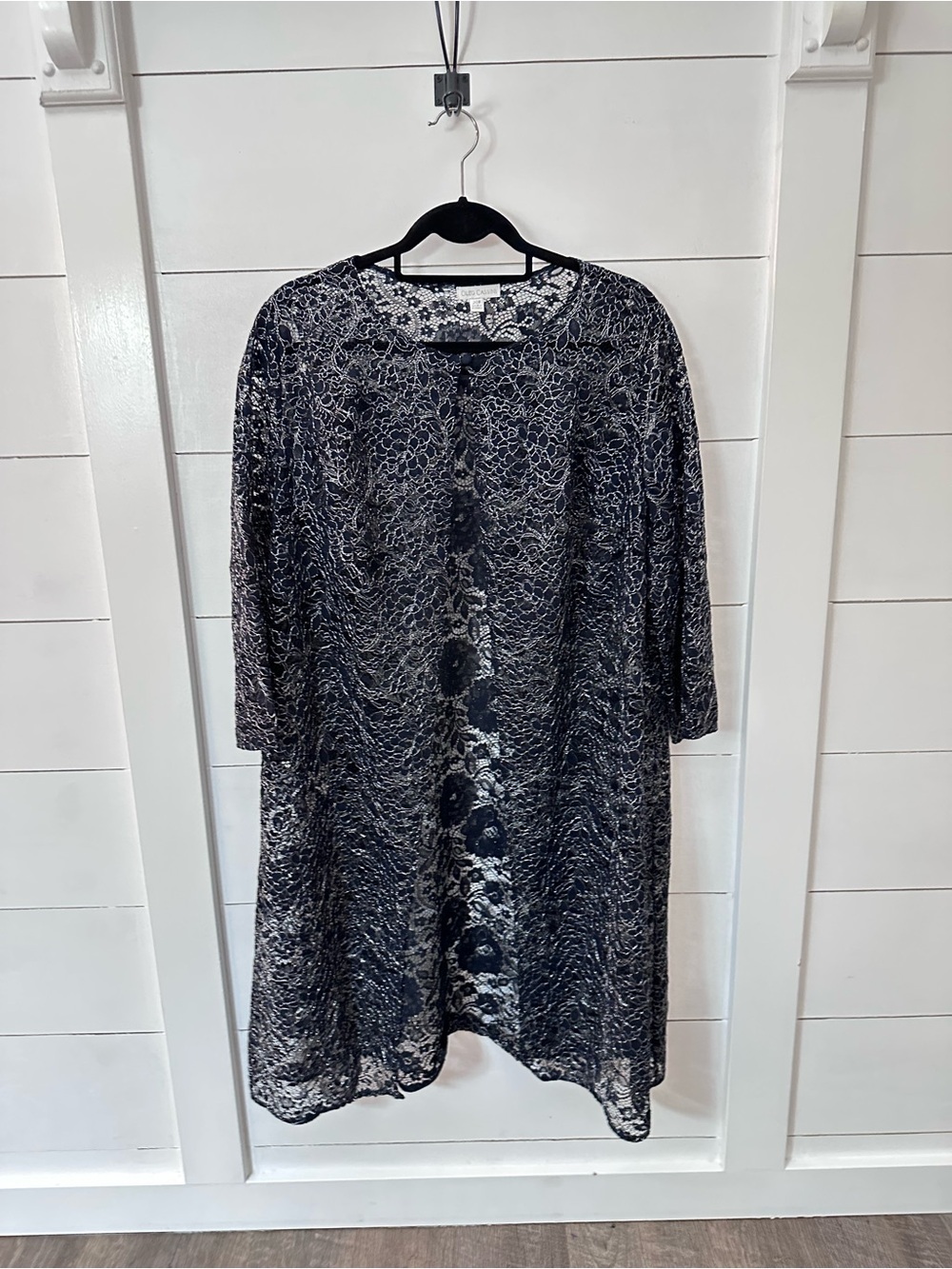 Oleg Cassini VTG 20W blue silver metallic one button bridal cocktail lace jacket
